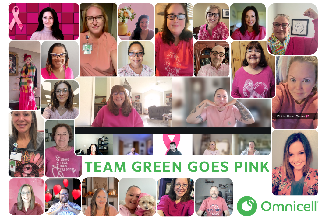 Collage of various Omnicell employees wearing pink for breast cancer awareness month.